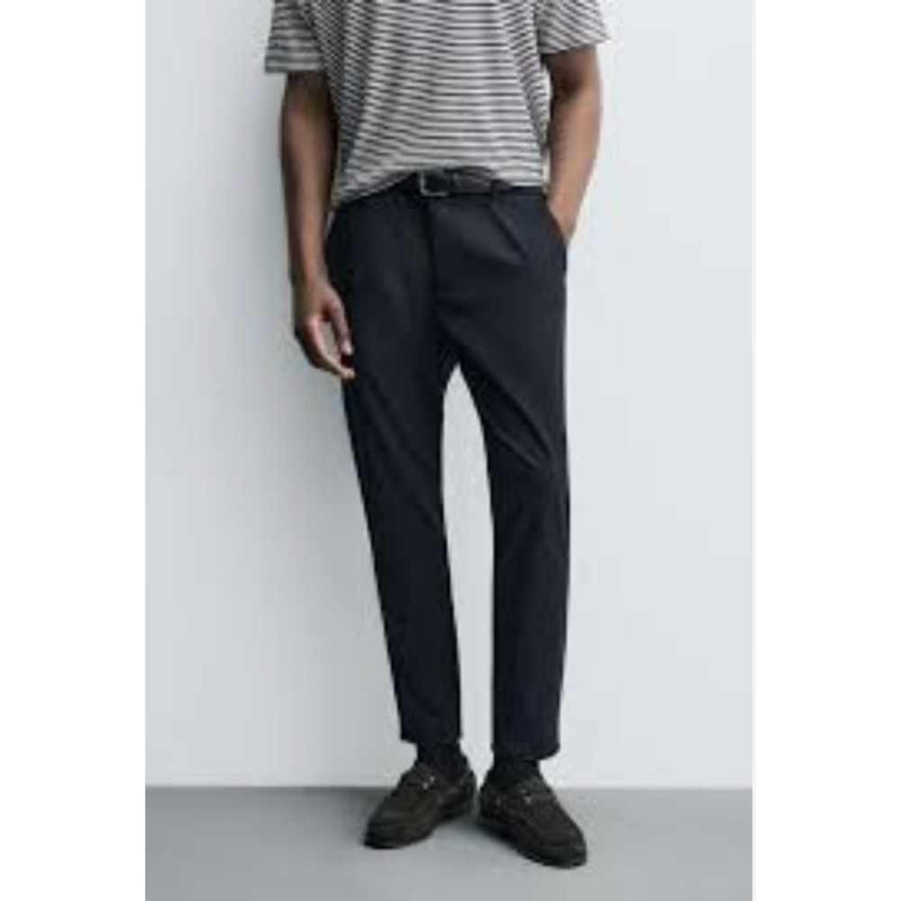 Zara Mens Navy Blue Stretch Chino Pants Size Medium Flat Front Trousers